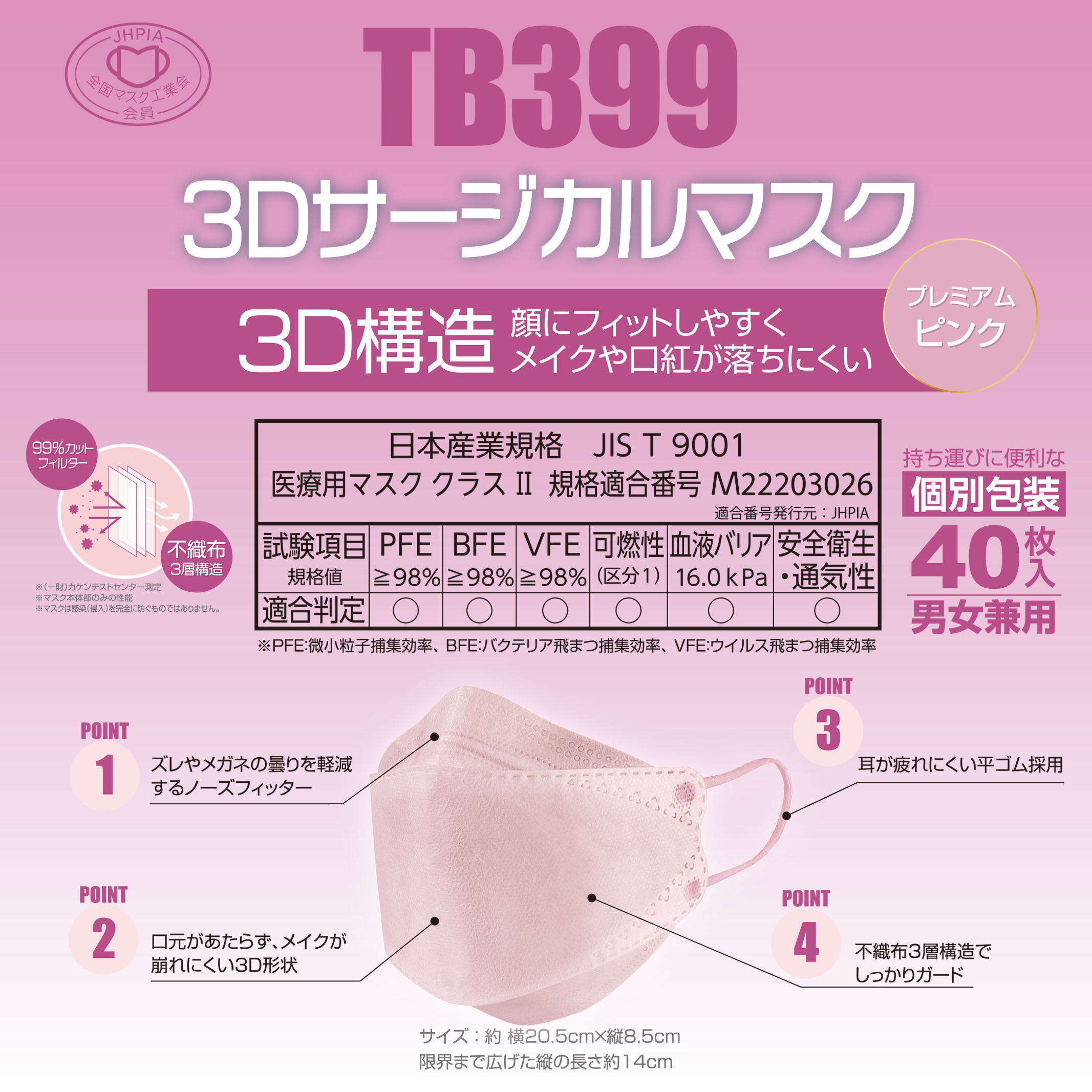 息苦しくない使い捨てマスク！3D立体マスク(40枚入り・ピンク)を買う